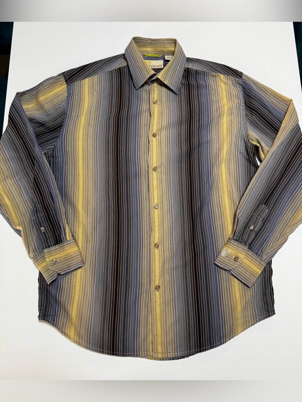 Cubavera Men's Yellow, Gray, black ,Vertical Stripe Dress Shirt, M